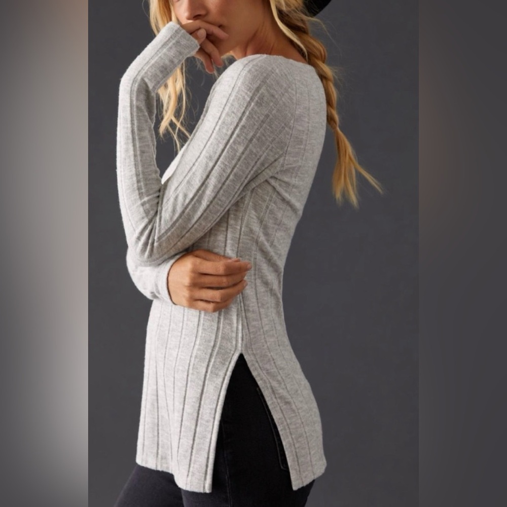 by Anthropologie Women’s Grey Scoop Neck Ribbed Side-Slit Tunic Sweater, Medium - Picture 2 of 10